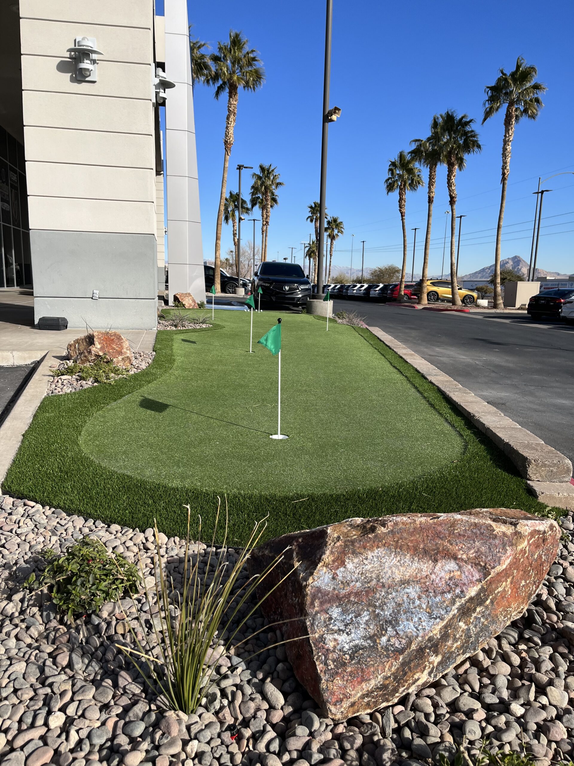 A golf hole with a green on the side of it. A golf hole with a green on the side of it.
