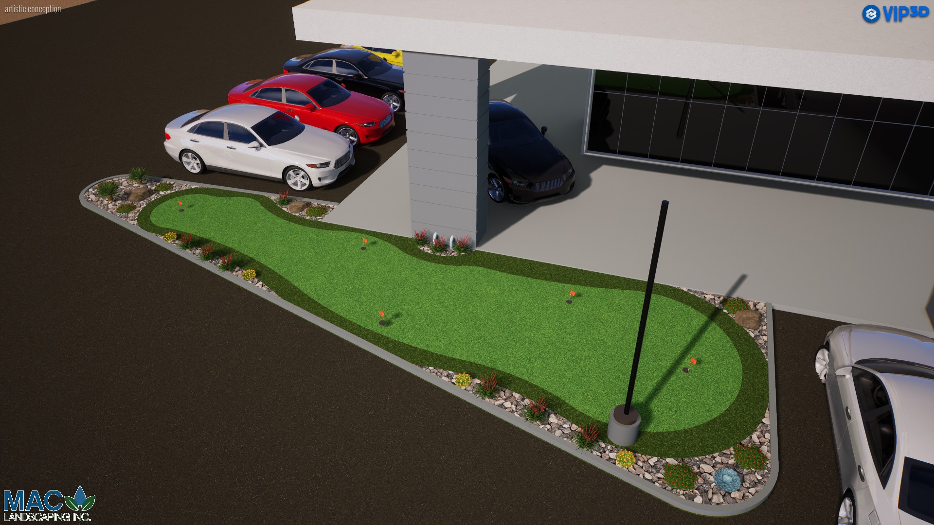 A rendering of the outside of a building with cars parked in it. A rendering of the outside of a building with cars parked in it.