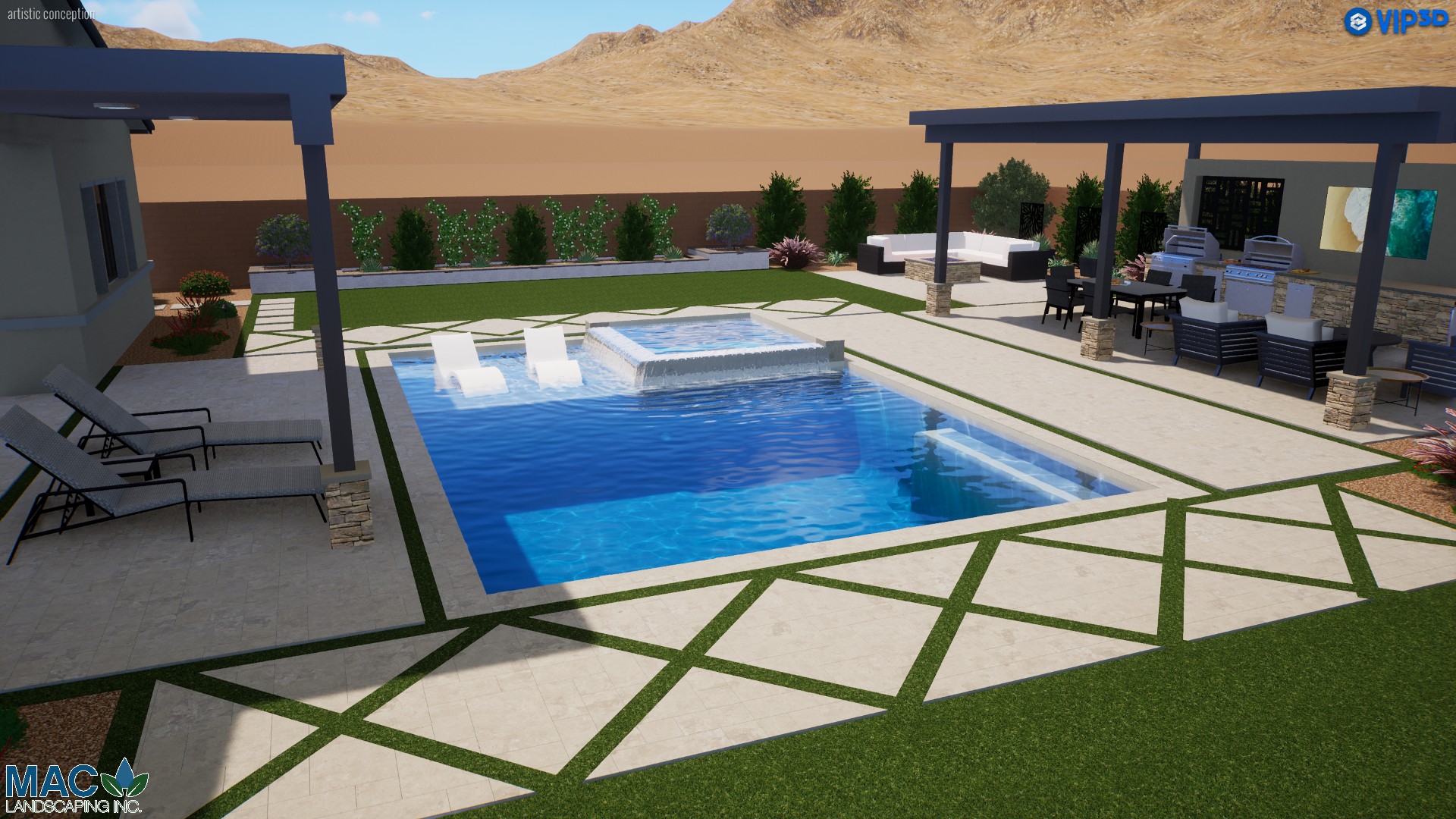 A pool with a spa and a gazebo in the background. A pool with a spa and a gazebo in the background.