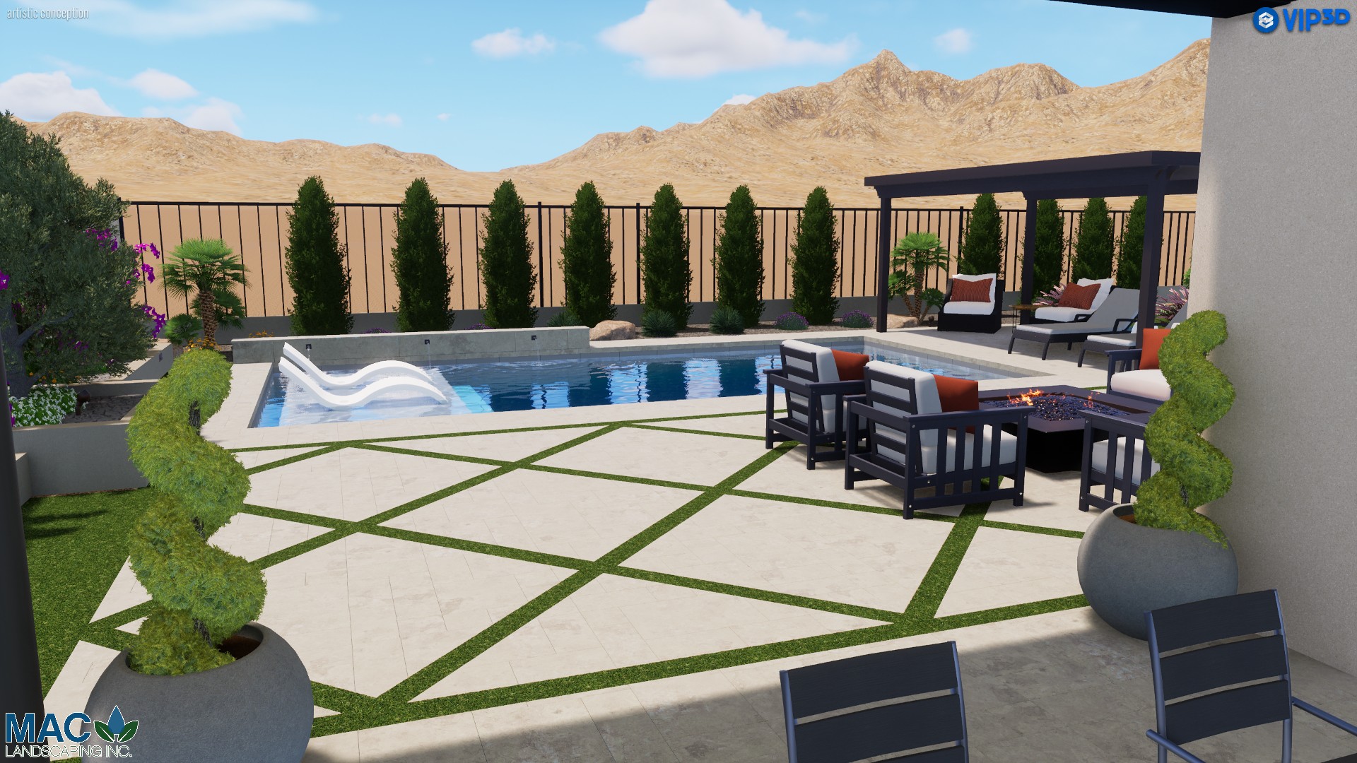 A pool with an outdoor furniture set and a grill. A pool with an outdoor furniture set and a grill.